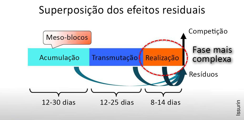 Superposição dos efeitos residuais durante os mesociclos de treinamento na periodização em bloco.